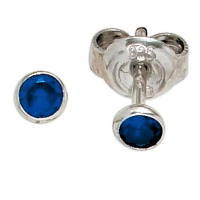 Ohrstecker rund 925 Sterling Silber rhodiniert 2 Zirkonia blau 3,5mm | 40634 / EAN:4053258219447