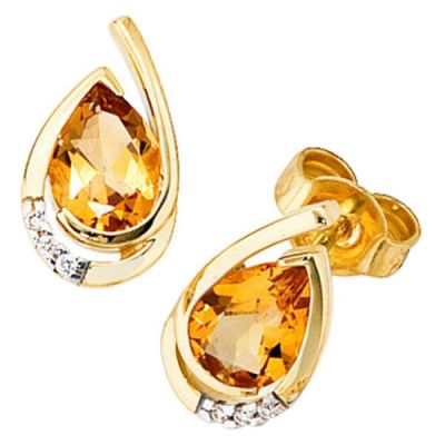 Ohrstecker Tropfen 585 Gold Gelbgold 6 Diamanten 2 Citrine orange | 37818 / EAN:4053258053102