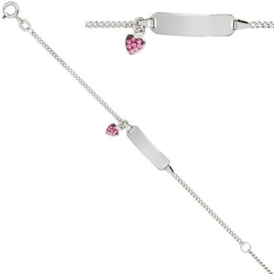 Schildband Herz 925 Sterling Silber mit rosa Glasstein 14 cm Gravur ID Armband | 40066 / EAN:4053258211120