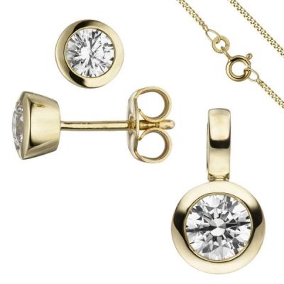 Schmuck-Set 333 Gold Gelbgold 3 Zirkonia Ohrstecker und Kette 45 cm | 51506 / EAN:4053258366325