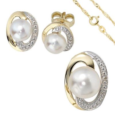 Schmuck-Set 585 Gelbgold bicolor 3 Perlen 4 Diamanten Ohrringe und Kette 45 cm | 51524 / EAN:4053258366462