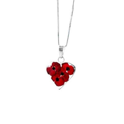 925 Silberkette mit rotem Herz Anhänger aus Miniatur Mohnblüten | SV-HK-PP18 / EAN:4250887403326