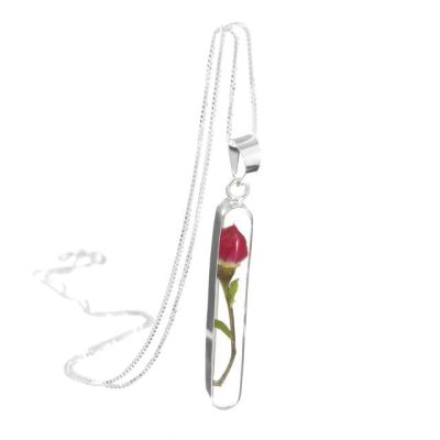 Anhänger Miniatur Rose lang rot, echte Blumen, mit 925 Silberkette | SV-HK-RP05 / EAN:4250887403456