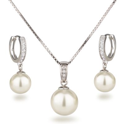 Creme - Schmuckset Halskette Ohrringe mit Perlen 925 Silber Rhodium | Set-Fi214 / EAN:4250887409137