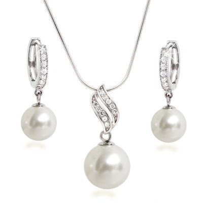 Creme - Schmuckset Perlen Anhänger Creolen Ohrringe 925 Silber | Set-Fi12-1-w / EAN:4250887400264