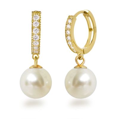 Creme - Silber vergoldete Perlen Ohrringe Creolen mit Perle 10mm | Fi-OCR12_Ku10vg / EAN:4250887405887