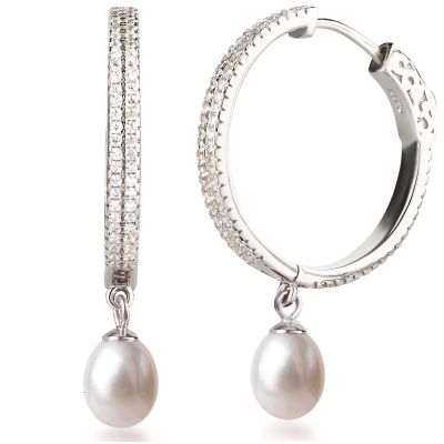 Große Creolen mit echten Perlen 925 Silber Rhodium | Fi-OCR28-SWP08-w / EAN:4250887407737