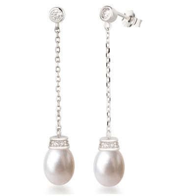 Lange Perlen-Ohrringe 925 Silber Rhodium Süßwasserperle hängend | Co-OH-P06 / EAN:4250887407942