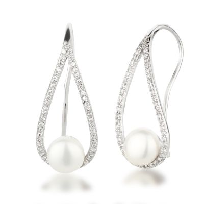Perlen Ohrringe Ohrhaken Zirkonia 925 Silber | WoJ-OH01-P07-w / EAN:4250887407782