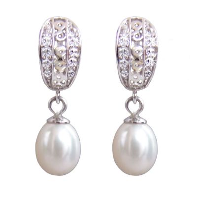 Perlenohrringe Creolen 925 Silber und Zirkonia echte Perlen | Fi-OCR10-P-w / EAN:4250887400257