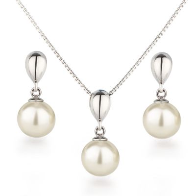 Perlenschmuck Set Glanz 925 Silber rhodiniert Perlen 10mm Farbwahl | Fr-Set02-Ku10 / EAN:4250887407096