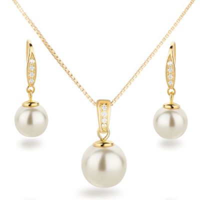 Schmuckset 925 Silber vergoldet Perlen creme und Zirkonia | Set-Fi14vg-w / EAN:4250887406938