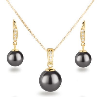 Schmuckset Perlen dunkelgrau 925 Silber vergoldet | Set-Fi14vg-dg / EAN:4250887406952