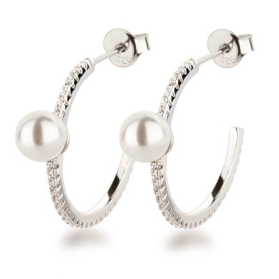 Weiß - Schmale Halb-Creolen Ohrringe 925 Silber mit Perle | Fi-OSC41 / EAN:4250887408925