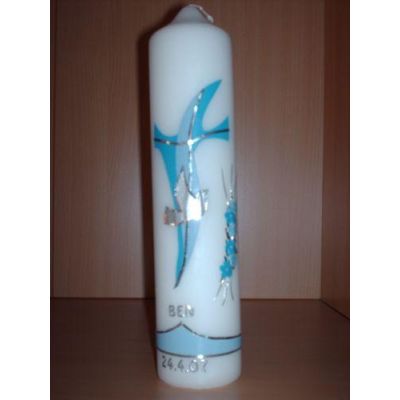 Hellblau/dunkelblau abgeschrägte Kerze - handgearbeitete Taufkerze Kreuz,Taube und Blumen individuell nach Ihren Wünschen handarbeit | Taufkerze 16/2011