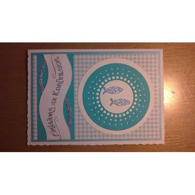 Dreieck Menü blau / silber - Einladungskarte mit Glitterfischen und kariertem Papier | 2014/5