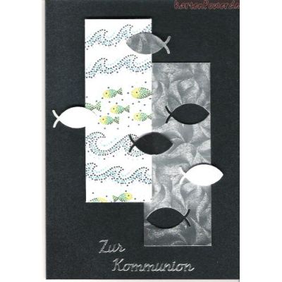 Tischkarte - Handgearbeitete B6 Einladungskarte Dunkelblau mit Fischen im Mosaikstil | 2014/7