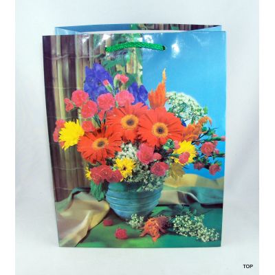 Grüne Kordel mit bunten Strauß - Geschenktüte Blumenstrauß für Ihre Geschenke Maße: 23 x 18 x 8cm | GV-01727 / EAN:4033683017276