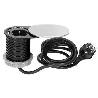 Tisch-Einbausteckdose Ø6cm, 1fach Steckdose,1 USB 2,4A, silber-schwarz | 1534794ett / EAN:5900378654896