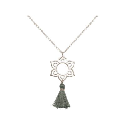 Gemshine - Damen - Halskette - Anhänger - 925 Silber - Lotus Blume - Mandala - Quaste - Grau - YOGA - 45 cm | 11531522drops/gem