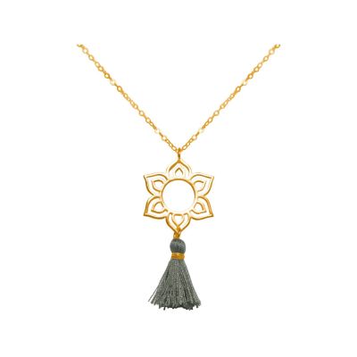 Gemshine - Damen - Halskette - Anhänger - 925 Silber - Vergoldet - Lotus Blume - Mandala - Quaste - Grau - YOG | 11531420drops/gem