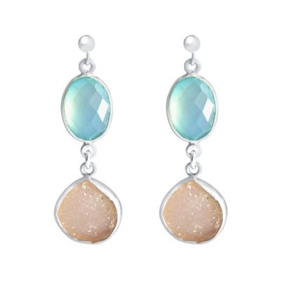 Gemshine - Damen - Ohrringe - 925 Sterling Silber - DRUZY - Weiß - Quarz - Chalzedon - Aqua - 4 cm | 11530810drops/gem