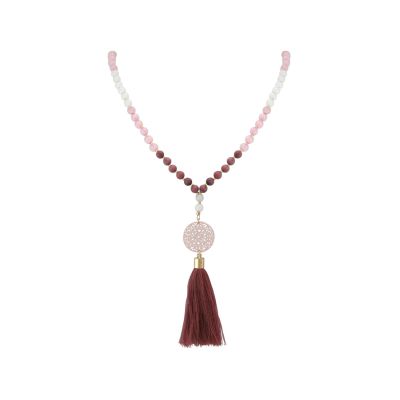 Gemshine - Mala Halskette - Anhänger - Vergoldet - Edelstein - Rose - Beige - 80cm | 11612909drops/gem